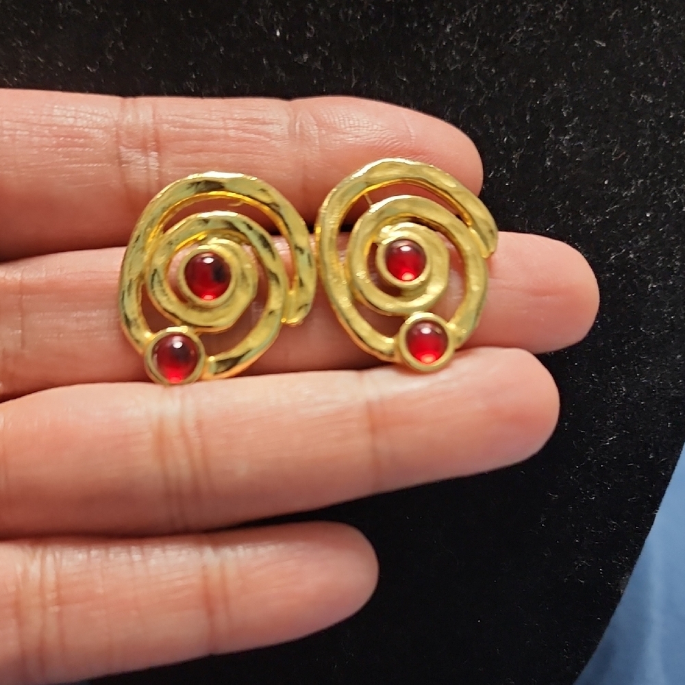 #35 Gold Spiral Earrings with Red Accents